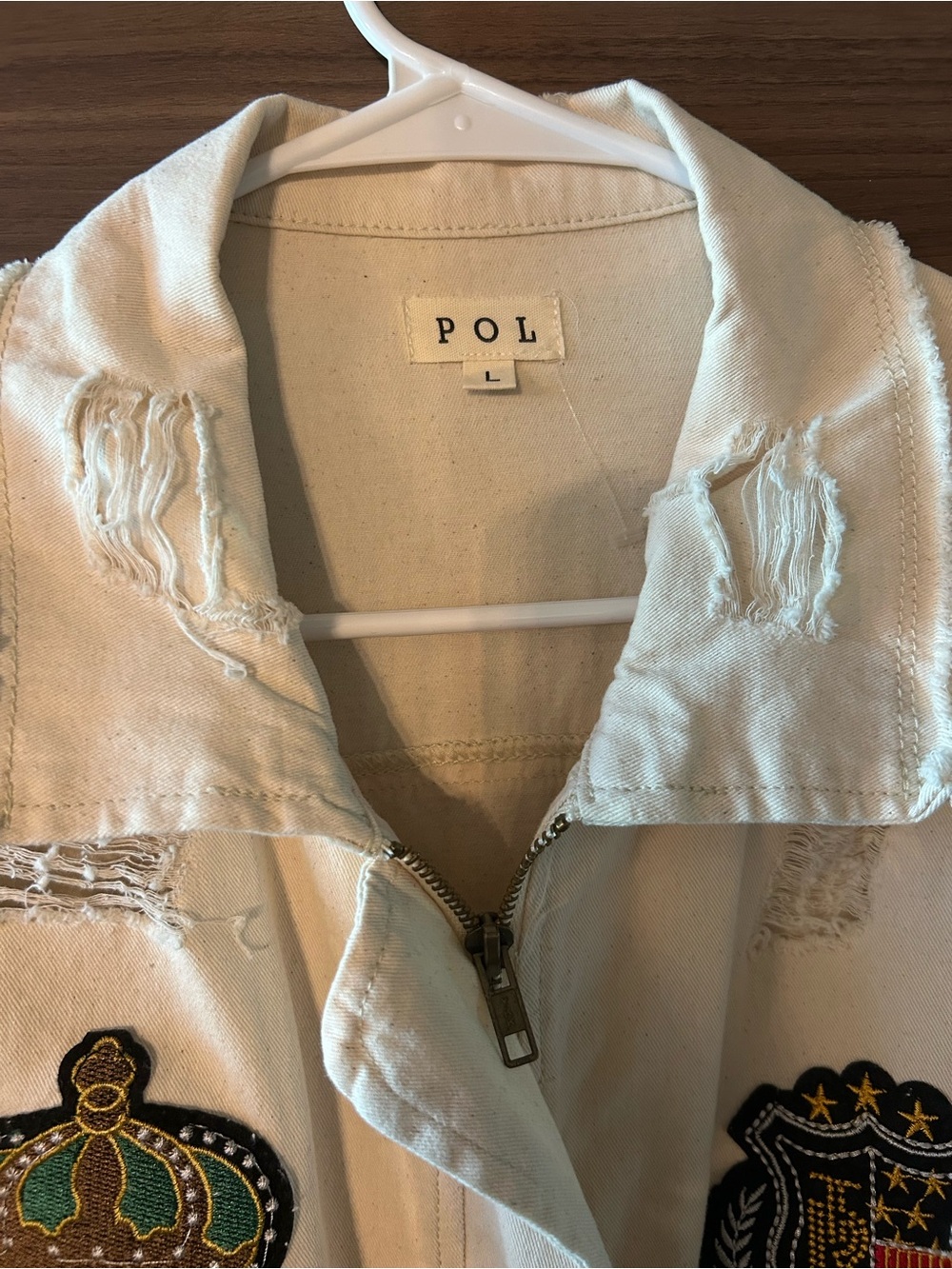 POL Cream Distressed Patch Utility Jacket with Drawstring Waist - Picture 2 of 11